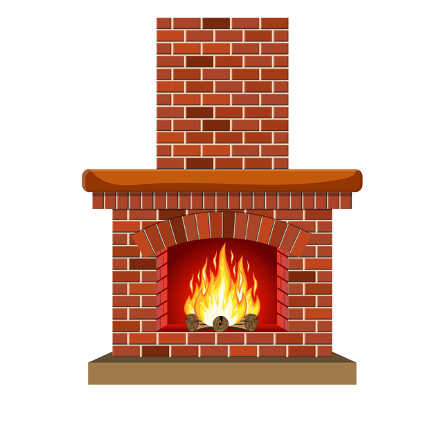 Winter interior bonfire. Fireplace made of bricks - Vector, Image