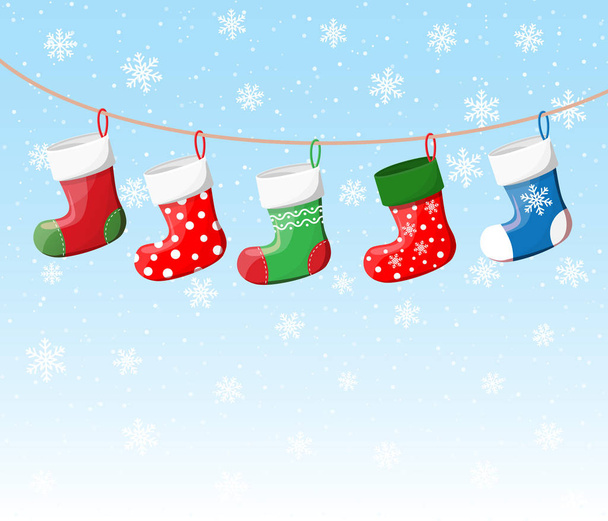 Χριστούγεννα κάλτσες σε διάφορα χρώματα σε σχοινί - Διάνυσμα, εικόνα