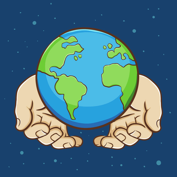 Vektorové ilustrace dvojice ruky držící planety země, nad modrým pozadím - Vektor, obrázek