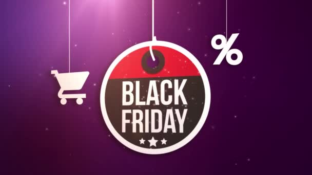 Černý pátek znamení visí na řetězec, nákupní košík a procenta ikonu - Záběry, video