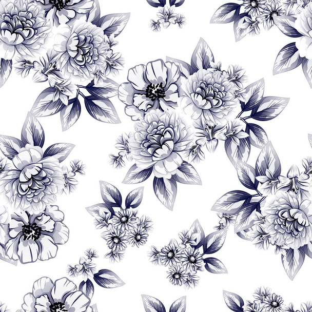 Seamless vintage style dark blue flower pattern. Floral elements. - Vector, imagen