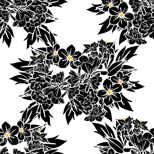 Seamless vintage style flower pattern. Floral elements in black and white. - Вектор, зображення