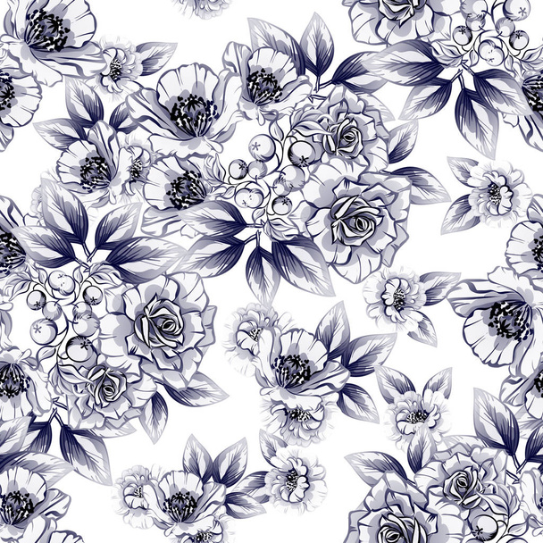 Seamless vintage style dark blue flower pattern. Floral elements. - Vetor, Imagem