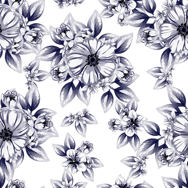 Seamless vintage style dark blue flower pattern. Floral elements. - Вектор,изображение