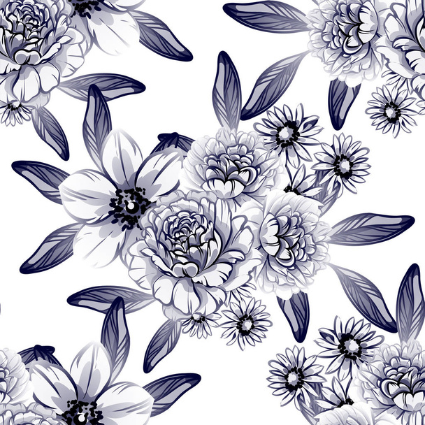 Seamless vintage style dark blue flower pattern. Floral elements. - Vector, Imagen