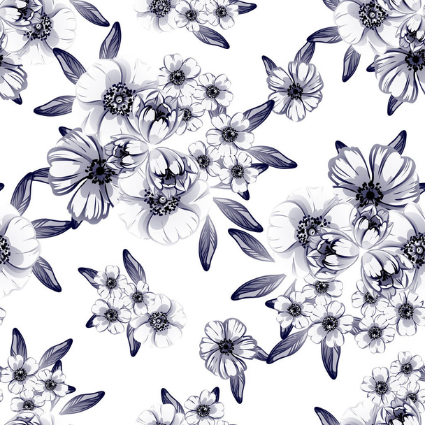 Seamless vintage style dark blue flower pattern. Floral elements. - Vector, imagen