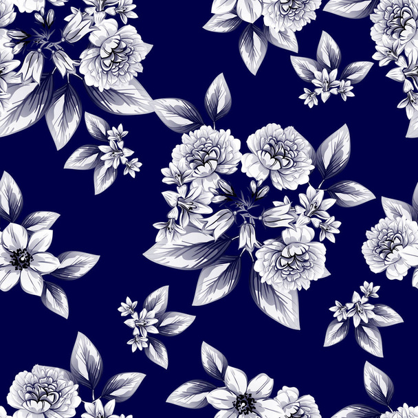 Seamless vintage style dark blue flower pattern. Floral elements. - Διάνυσμα, εικόνα