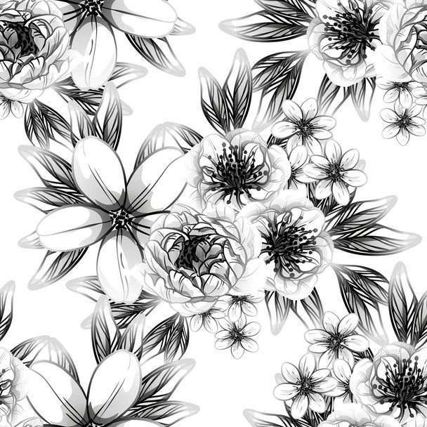 Seamless vintage style flower pattern. Floral elements in black and white. - Vektor, Bild