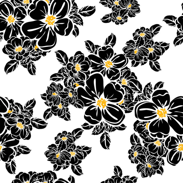 Seamless vintage style flower pattern. Floral elements in black and white. - Vektör, Görsel