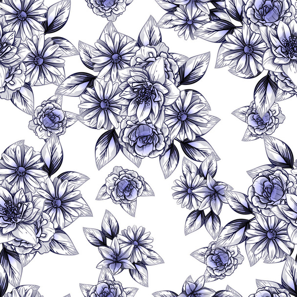 Seamless vintage style dark blue flower pattern. Floral elements. - ベクター画像