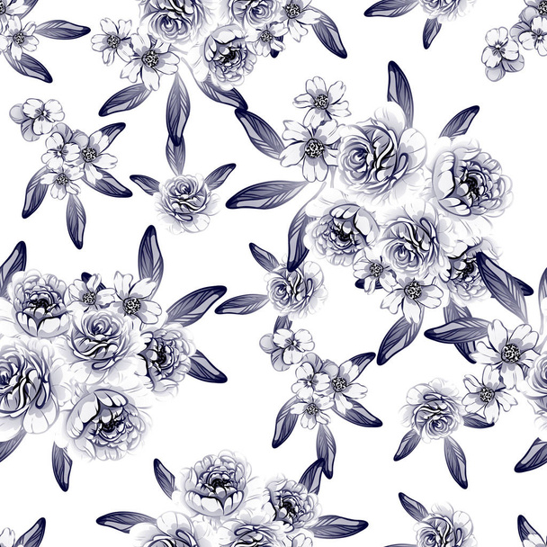 Seamless vintage style dark blue flower pattern. Floral elements. - Vetor, Imagem
