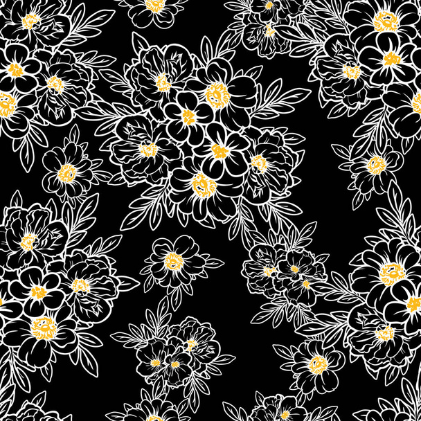 Modèle de fleur de style vintage sans couture. Eléments floraux en noir et blanc
. - Vecteur, image