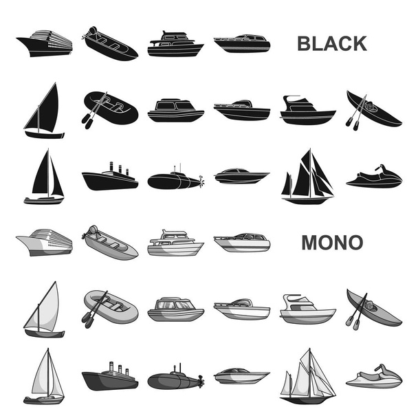 Iconos negros de agua y transporte marítimo en la colección de conjuntos para el diseño. Una variedad de barcos y barcos vector símbolo stock web ilustración
. - Vector, Imagen