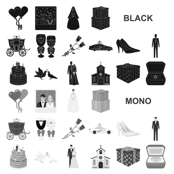 Boda y Atributos iconos negros en colección de conjuntos para el diseño. Recién casados y accesorios vector símbolo stock web ilustración
. - Vector, Imagen