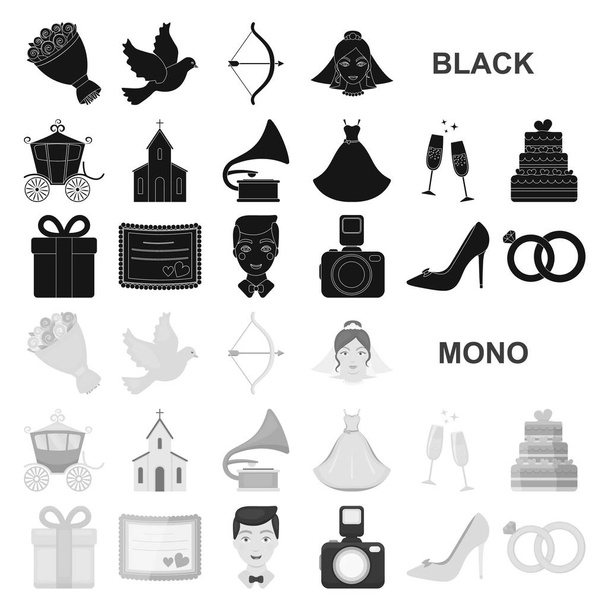 Boda y Atributos iconos negros en la colección de conjuntos para design.Newlyweds y Accesorios vector símbolo stock web ilustración
. - Vector, Imagen