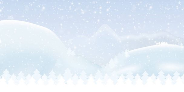 Векторная иллюстрация снежного зимнего горного пейзажа с лесом, небом и падающим снегом - подходит в качестве рождественской или новогодней открытки
 - Вектор,изображение