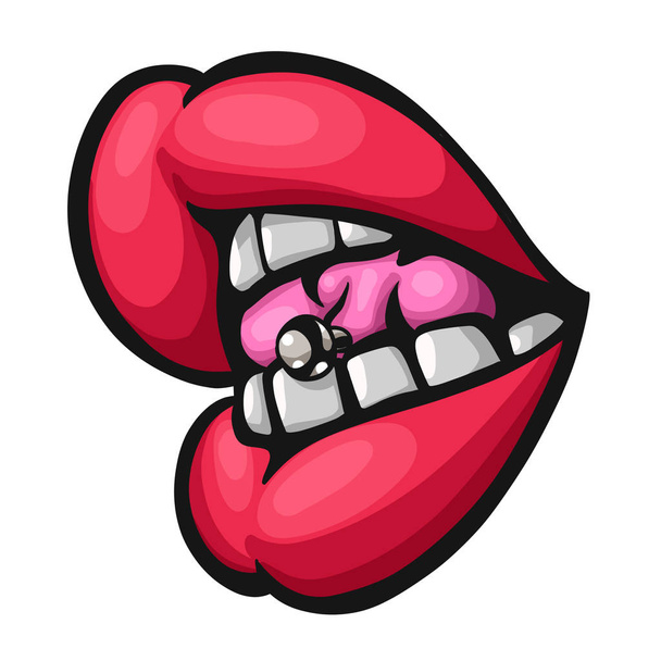 Pierced tongue licking lips close up - Photo, Image