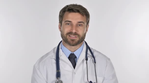Online Video Chat by Doctor, White Background - Felvétel, videó
