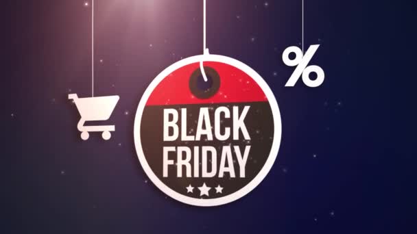 Černý pátek znamení visí na řetězec, nákupní košík a procenta ikonu - Záběry, video