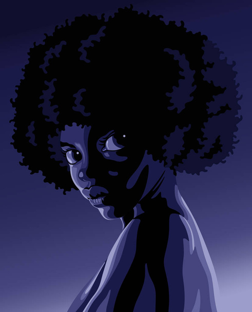 Πορτραίτο σε στυλ καρτούν όμορφη νεαρή μαύρη γυναίκα σε chiaroscuro φωτισμού - Διάνυσμα, εικόνα