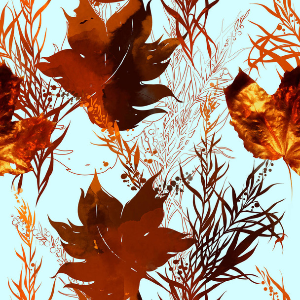 mix repeat seamless pattern with imprints of autumn herbs and leaves, mixed media artwork - Photo, Image