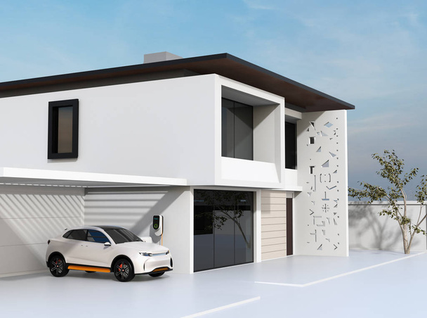 Recarga de SUV eléctrico blanco en garaje. Imagen de renderizado 3D
. - Foto, imagen
