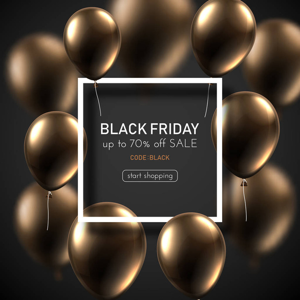 Black friday sale promo poster with brown shiny balloons and white square frame. Special offer up to 70% off, start shopping. Vector background. - Vetor, Imagem