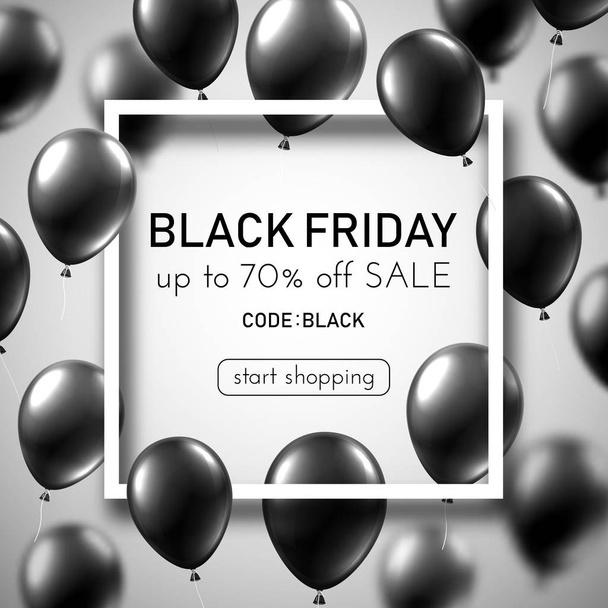 Black friday sale white promo poster with grey balloons and white square frame. Special offer up to 70% off, start shopping. Vector background. - Vektor, obrázek
