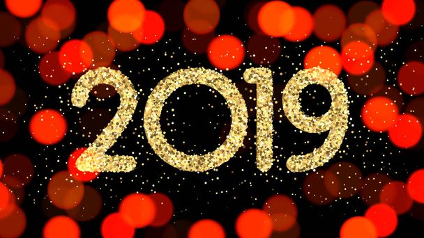 Golden shiny 2019 New Year sign on red bokeh background. Vector card. - Vetor, Imagem
