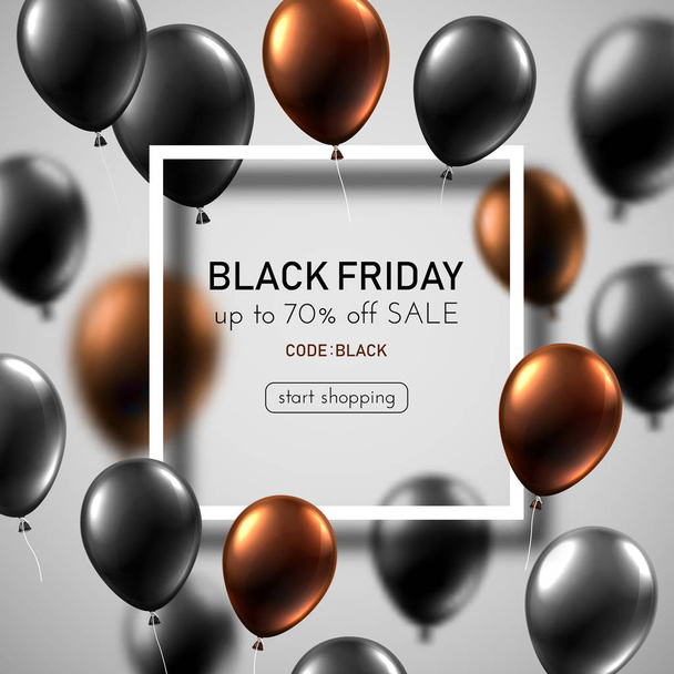 Black friday sale white promotion poster with color balloons and white square frame. Special offer up to 70% off, start shopping. Vector background.  - Вектор, зображення