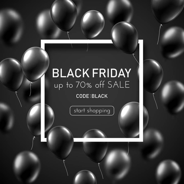Black friday sale promo poster with shiny balloons and white square frame. Special offer up to 70% off, start shopping. Vector background. - Вектор, зображення