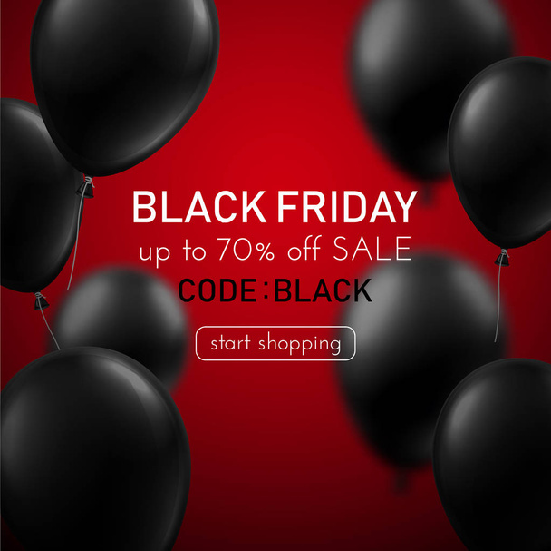 Black friday sale red promotion poster with black 3d balloons. Special offer up to 70% off, start shopping. Vector background. - Вектор, зображення
