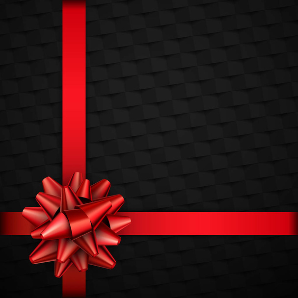 Black geometric textured card with red satin ribbon with bow. Festive design. Vector background.  - Вектор, зображення
