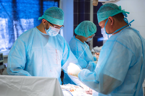 Команда лікарів у стерильному медичному одязі проводить операцію в лікарні. Професійна робота в клініці, хірурги чоловіки з помічницею жінки. Поняття здоров'я, медицина
. - Фото, зображення