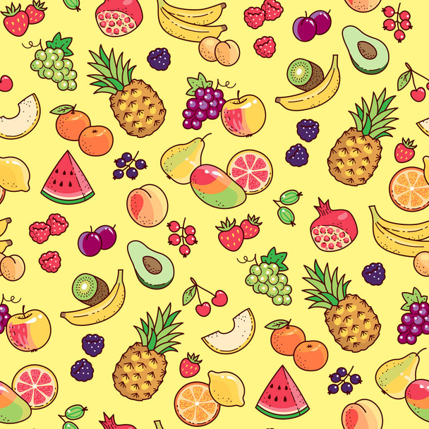 Cartoon fruits and berries on yellow background. Seamless pattern for textile and design - Vector, Image