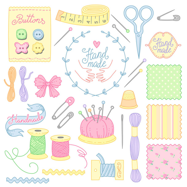 A set of tools and objects for , for sewing, embroidery and handmade. Cute illistrations at cartoon style isolated on white backgroun - Vector, Image