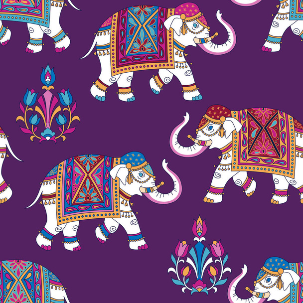 Indian style ornament  with elefpants and floral elements on violet background. Seamless pattern for textile and decoratio - Vektör, Görsel