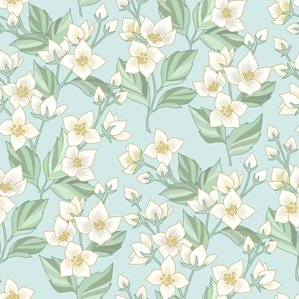 Floral seamless pattern with white jasmine on blue background. Pattern at provence style  for textile, design and decoratio - Vettoriali, immagini
