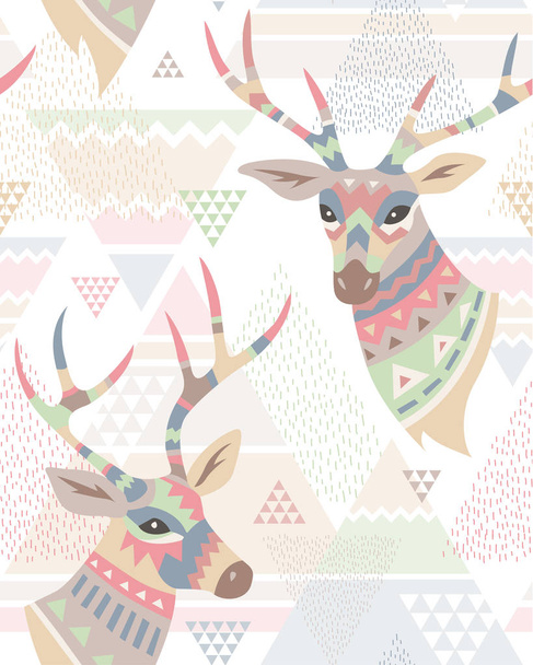 Heads of deers decorated ornament on abstract geometric background. Seamless pattern at scandinavian style for textiles and desig - Vector, Imagen