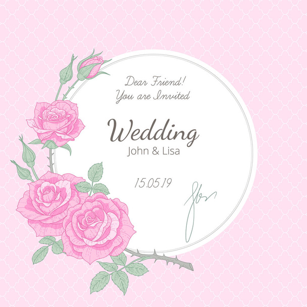 Wedding invitation at vintage style. White round label decorated with twig of pink rose. Template of elegant card for wedding design - Vector, Image