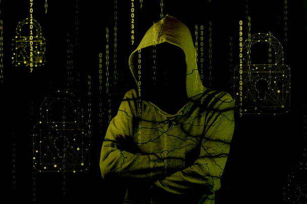 hacker isloated on black with binary codes on background - Photo, Image