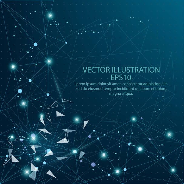 Abstract mesh digitally drawn starry sky. Broken scattered triangles on blue background. - Vetor, Imagem