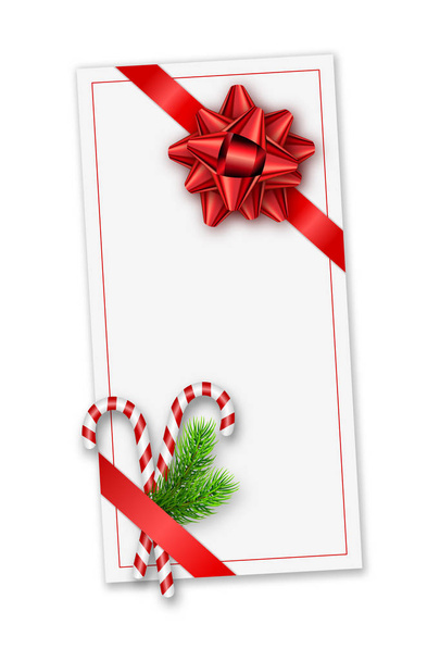 Holiday Christmas gift card with red bow, fir tree branches and candy canes. Template for a banner, poster, invitation - Vector, Imagen