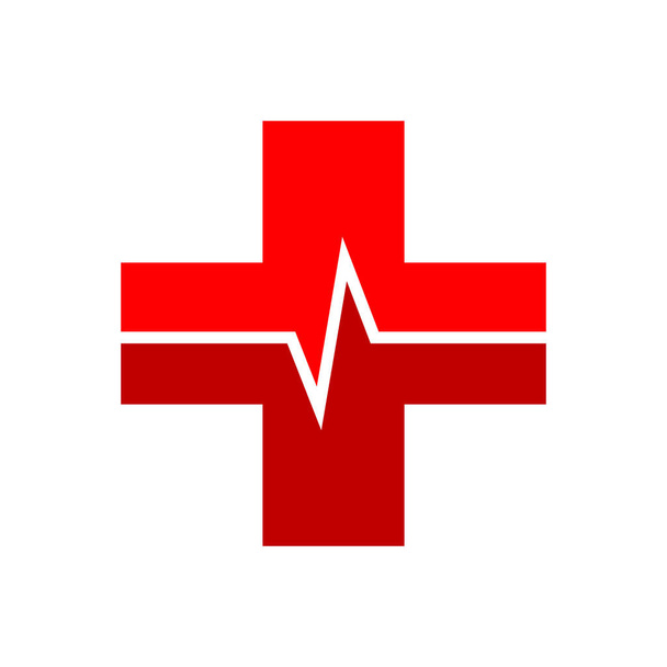 Medische kruis met hartslag pictogram in vlakke stijl. Vectorillustratie. Medische rood symbool geïsoleerd - Vector, afbeelding