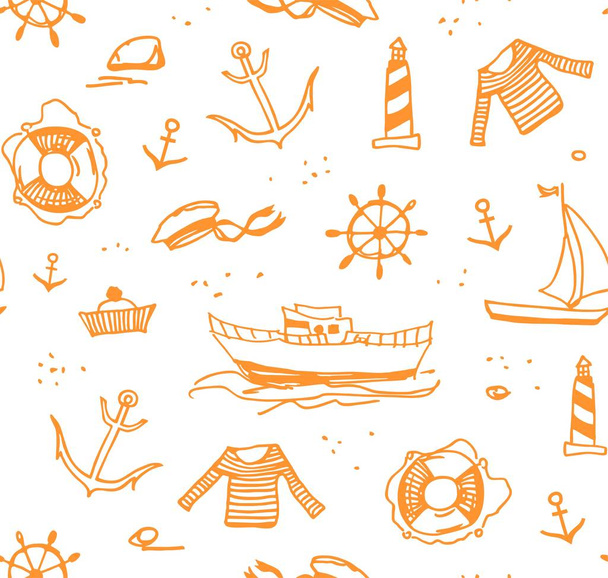 Marine drawings, seamless pattern, white, orange, vector. Sea voyage, orange drawings on a white field. The profession of a sailor.  - Vector, Imagen