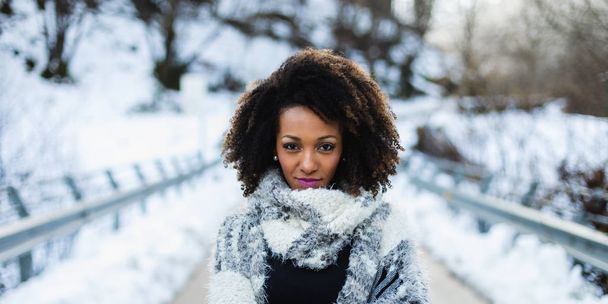 Stylish afro hair woman winter portrait. Female wearing warm wool scarf. - Photo, Image