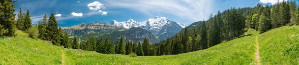 Bergpanorama und Wanderweg in der Schweizer Alpenlandschaft bei stechelberg im Bezirk Lauterbrunnen, Schweiz - Foto, Bild