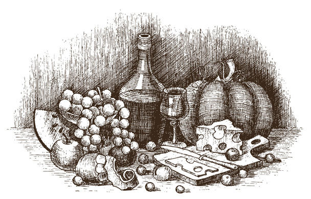 Csendélet, gyümölcs, sajt és bor kézzel - Vektor, kép