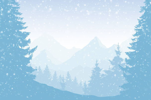 Wektor ilustracja śnieżna zima krajobraz górski z lasu, niebo i Padający śnieg - nadaje się jako karty z pozdrowieniami Boże Narodzenie lub nowy rok - Wektor, obraz
