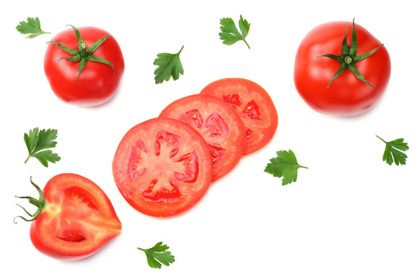 slice of tomato with parsley isolated on white background. top view - Fotoğraf, Görsel